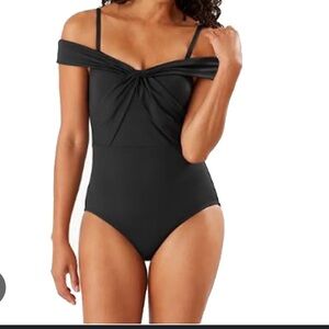 Tommy Bahama Black Off-Shoulder One-Piece Swimsuit
